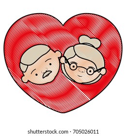 color crayon silhouette heart shape greeting card with caricature face of grandfather with mustache and grandmother with collected hair with glasses vector illustration