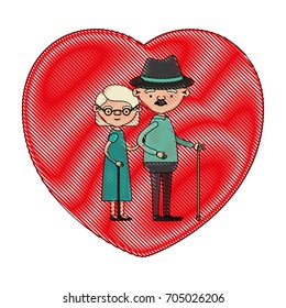 color crayon silhouette of heart shape greeting card with caricature full body elderly couple embraced grandfather with hat and moustache in walking stick and grandmother with short hair vector