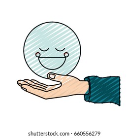 color crayon silhouette palm human holding a blue happy face symbol vector illustration