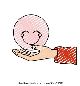 color crayon silhouette palm human holding a pink happy face symbol vector illustration