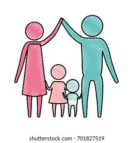 color crayon silhouette pictogram couple parents holding hands up and baby boy and girl in the middle of them vector illustration