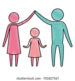 color crayon silhouette pictogram couple parents holding hands up an girl in the middle of them vector illustration