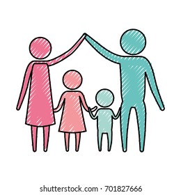 color crayon silhouette pictogram couple parents holding hands up and children in the middle of them vector illustration