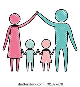 color crayon silhouette pictogram couple parents holding hands up and pair children in the middle of them vector illustration