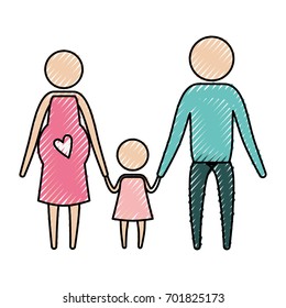 color crayon silhouette pictogram parents with mother pregnancy and little girl holding hands vector illustration