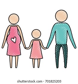 color crayon silhouette pictogram parents with mother pregnancy and girl holding hands vector illustration