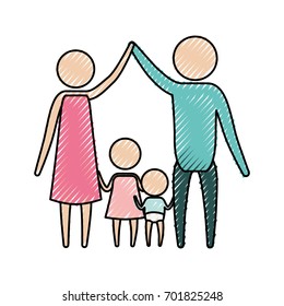 color crayon silhouette pictogram parents holding hands up an girl and baby boy in the middle of them vector illustration