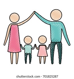 color crayon silhouette pictogram parents holding hands up and pair of children in the middle of them vector illustration