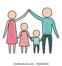 color crayon silhouette pictogram parents holding hands up and children in the middle of them vector illustration