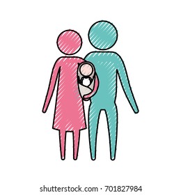 color crayon silhouette pictogram parents with a baby girl wrapped in a blanket vector illustration