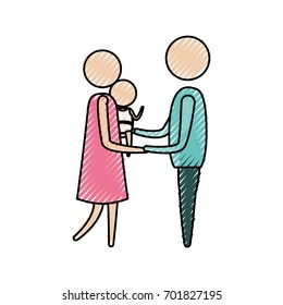 color crayon silhouette of pictogram woman carrying a baby and holding hands of man in clothes vector illustration