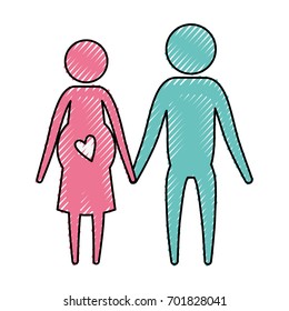 color crayon silhouette pictogram woman pregnancy and man holding hands in clothes vector illustration