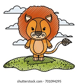 color crayon silhouette scene caricature lion animal in grass vector illustration