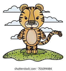 color crayon silhouette scene caricature tiger animal in grass vector illustration
