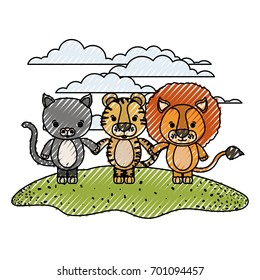color crayon silhouette scene cat tiger and lion caricature animals holding hands in grass vector illustration