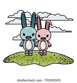 color crayon silhouette scene couple caricature rabbits animals in grass vector illustration