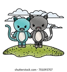 color crayon silhouette scene couple caricature cats animals in grass vector illustration