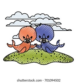 color crayon silhouette scene couple caricature seals aquatic animals in grass vector illustration