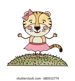 color crayon silhouette scene landscape and grass with caricature cute expression tigress in skirt with bow lace vector illustration