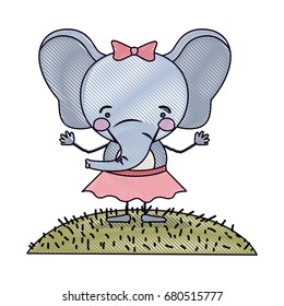 color crayon silhouette scene landscape and grass with caricature cute expression elephant in skirt with bow lace vector illustration