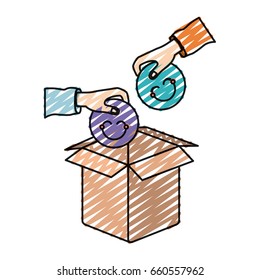 color crayon silhouette side view of pair hands holding a happy faces symbol to deposit in cardboard box vector illustration