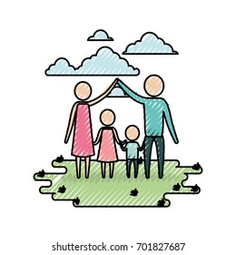 color crayon silhouette sky landscape and grass with pictogram parents holding hands of children vector illustration