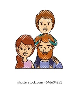 color crayon stripe caricature half body family parents with boy on his back vector illustration