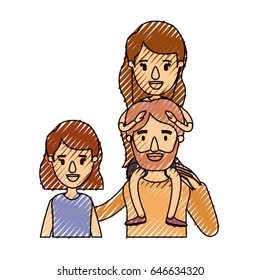 color crayon stripe caricature half body family with short hair woman and bearded man with girl on his back vector illustration