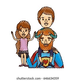 color crayon stripe caricature half body super dad hero with girl on his hand and boy on his back vector illustration