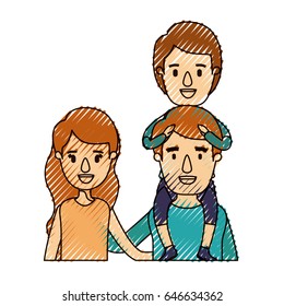 color crayon stripe caricature half body family parents with boy on his back vector illustration