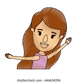 color crayon stripe caricature side view half body girl with long wavy hair and hands up vector illustration