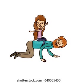 color crayon stripe cartoon bearded father with girl playing the horse on his back vector illustration