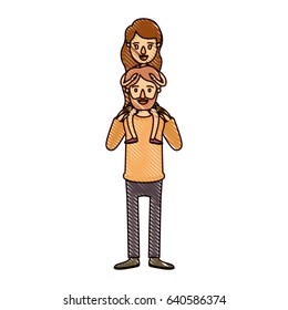 color crayon stripe cartoon bearded father with moustache and girl on his back vector illustration