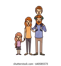 color crayon stripe cartoon big family parents with boy on his back and daugther taken hands vector illustration