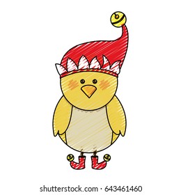 color crayon stripe cartoon of chicken with boots and christmas hat vector illustration