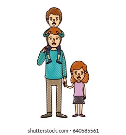 color crayon stripe cartoon dad with boy on his back and girl taken hands vector illustration