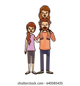 color crayon stripe cartoon family with mother and father with moustache and girl on his back vector illustration