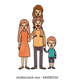 color crayon stripe cartoon family parents with girl on his back and boy taken hands vector illustration