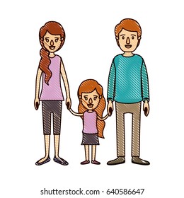 color crayon stripe cartoon family with young father and mom with side ponytail hair with little girl taken hands vector illustration