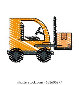 color crayon stripe cartoon forklift truck with forks transportin package