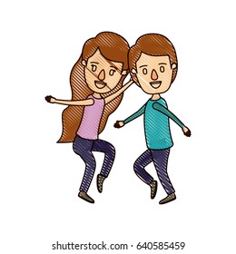 color crayon stripe cartoon full body couple dancing vector illustration