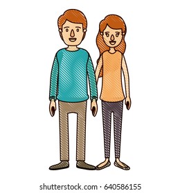 color crayon stripe cartoon full body couple in casual clothing vector illustration