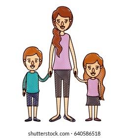 color crayon stripe cartoon full body mother taken hand with children vector illustration