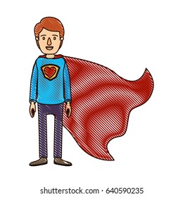 color crayon stripe cartoon full body super guy hero with heart symbol in uniform vector illustration