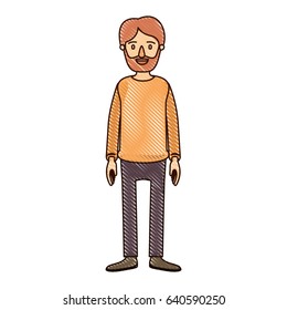 color crayon stripe cartoon full body man bearded with clothing vector illustration