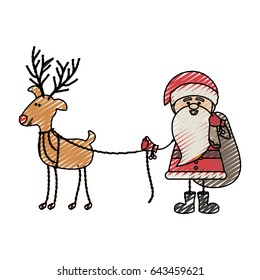 color crayon stripe cartoon of funny santa claus with gift bag and reindeer holding by rope vector illustration