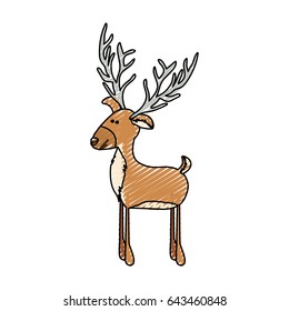 color crayon stripe cartoon of funny reindeer stand with gray horns vector illustration