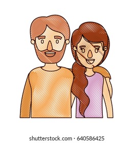 color crayon stripe cartoon half body couple woman with ponytail side hair and bearded man vector illustration