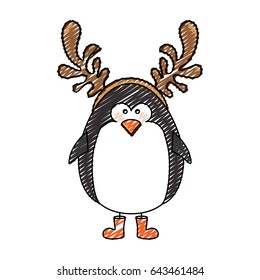 color crayon stripe cartoon of penguin with horns of reindeer vector illustration