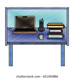 color crayon stripe silhouette of desk home office basic vector illustration
